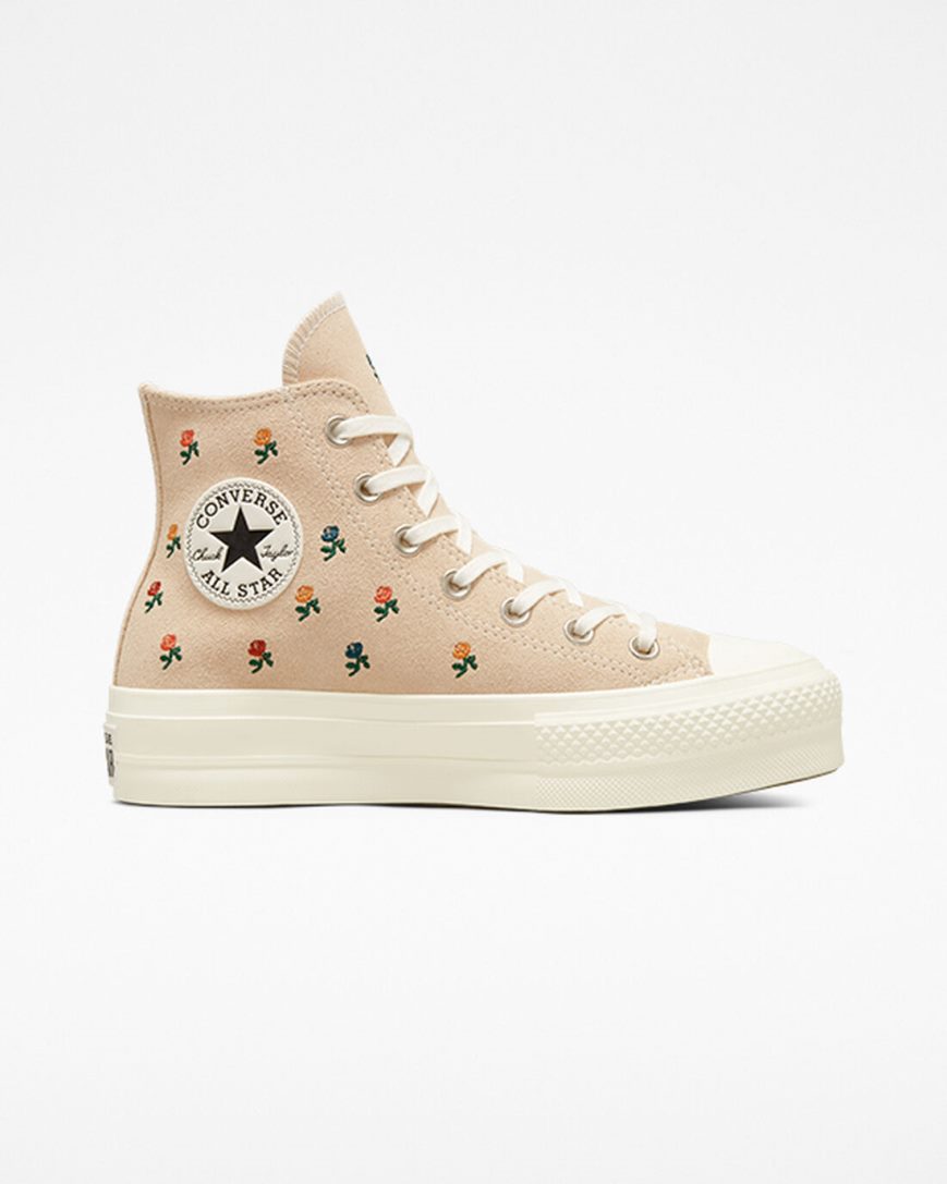 Pantofi Platforma Dama Converse Chuck Taylor All Star Lift Embroidered Roses Inalti Bej | RO LYTKJ947